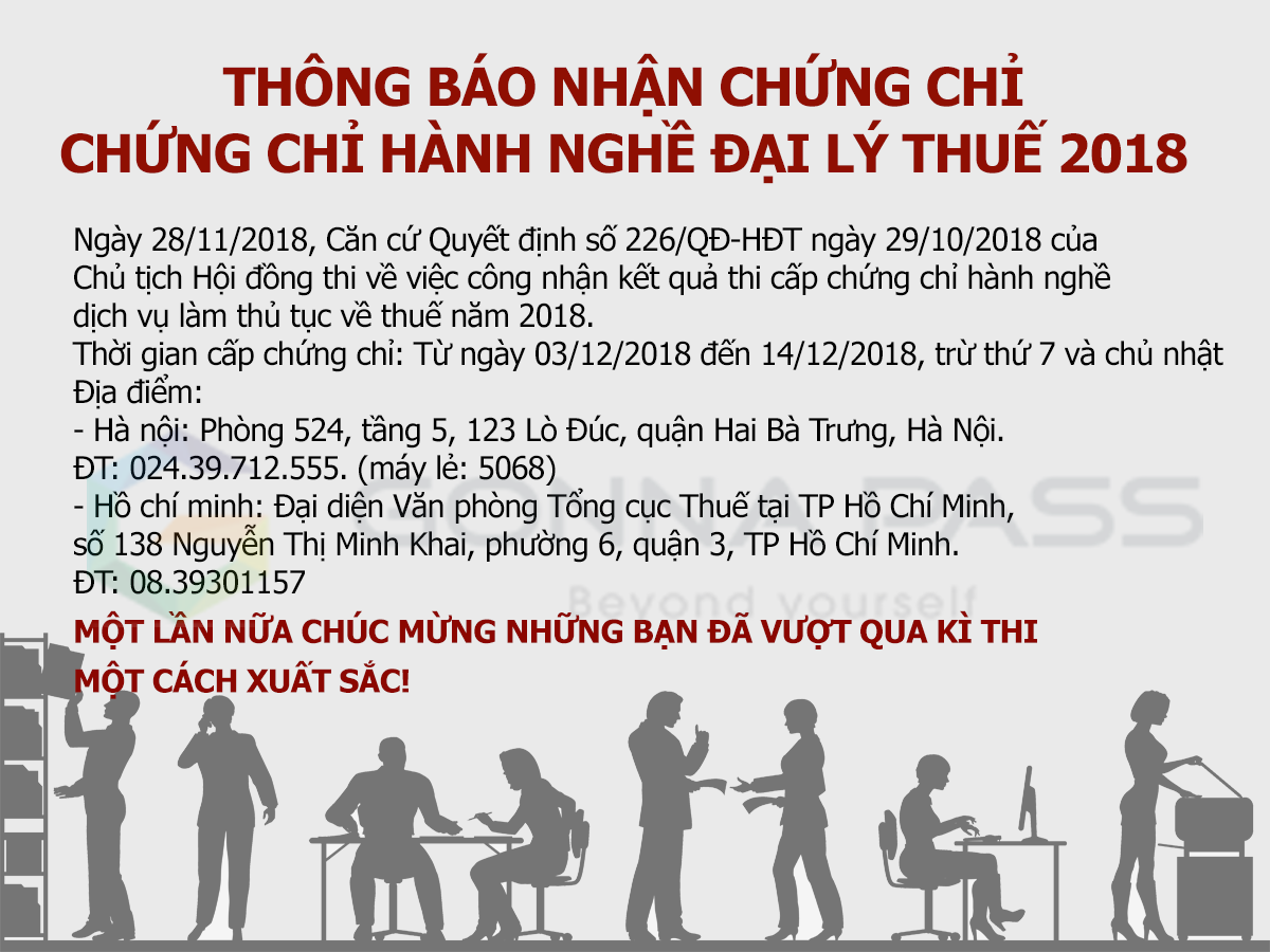 Thông báo về việc cấp CCHN cho các thí sinh đạt kết quả kỳ thi cấp CCHN dịch vụ làm thủ tục về thuế năm 2018